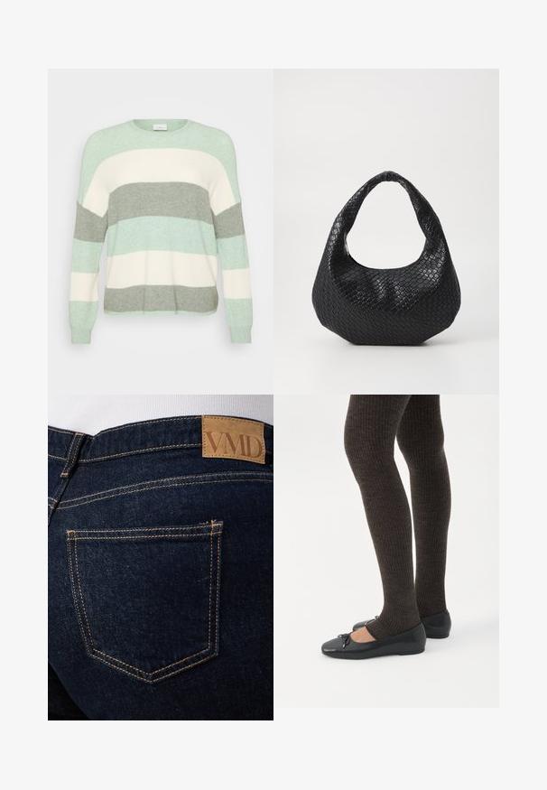 Lys grøn, creme og grå stribet sweater med rund halsudskæring. Fremstillet af blødt materiale, har lange ærmer og en afslappet pasform.; Mørkeblå denimjeans med synlige orange syninger og en brun læderlap med mærket "VMD" over den bageste højre lomme.; Ben iført mørke ribbede leggings kombineret med sorte balletsko med små sløjfedetaljer på hvid baggrund.; Sort flettet håndtaske med et buet håndtag, der har en struktureret overflade og en afslappet form. Glat finish med en organisk silhuet.