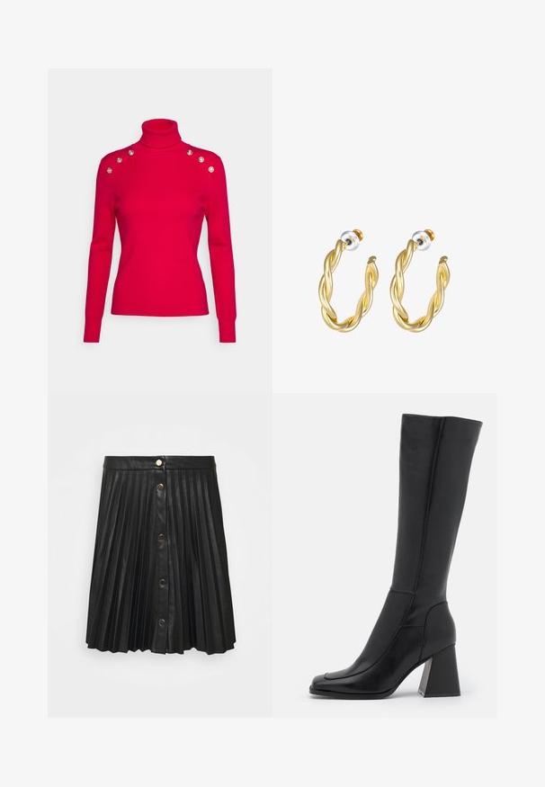Morgan MIBO - Trui - framboise; VILA VIAMINA BUTTON SKIRT - Minirok - black; Zwarte leren laars tot de knie met een vierkante neus, een gladde textuur, een taps toelopend ontwerp en een stevige blokhak. Voorzien van stiksels.; Gouden gedraaide oorringen met een gladde afwerking, voorzien van een transparante achterkant en goudkleurige hardware.