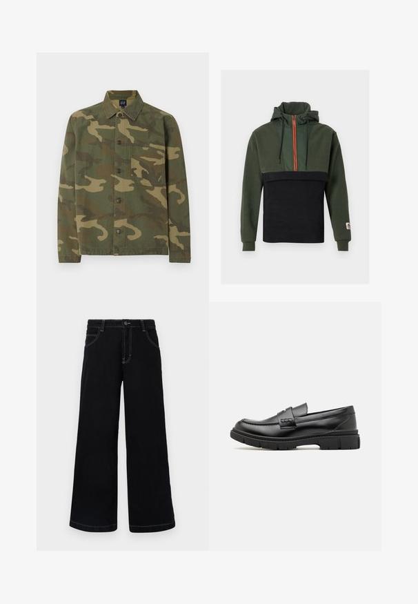 Sweat à capuche en molleton doux, avec une partie supérieure vert foncé et une partie inférieure noire, zippé orange et cordons ajustables.; Chemise à manches longues boutonnée avec motif camouflage vert et marron et une poche poitrine, présentée à plat sur fond blanc.; Pantalons larges noirs en denim, dotés d'une fermeture à boutons, de cinq poches et de coutures blanches contrastantes le long des coutures.; Mocassin en cuir noir avec une large sangle sur le devant, semelle en caoutchouc à épaisse rainure, et texture lisse. Design classique et élégant.