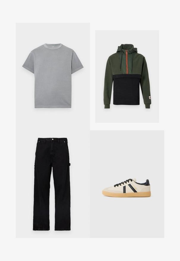 Sweat à capuche en molleton doux, avec une partie supérieure vert foncé et une partie inférieure noire, zippé orange et cordons ajustables.; T-shirt gris uni à manches courtes avec col rond, coutures apparentes et petit logo GAP à l'intérieur du col.; Pantalon en denim noir à coupe droite, doté d'une braguette à boutons et fermeture éclair, de poches latérales et de légères variations de texture.; Baskets décontractées en crème avec des rayures noires, présentant un dessus texturé et une semelle en caoutchouc. Les lacets sont noirs. Logo discret sur le côté.