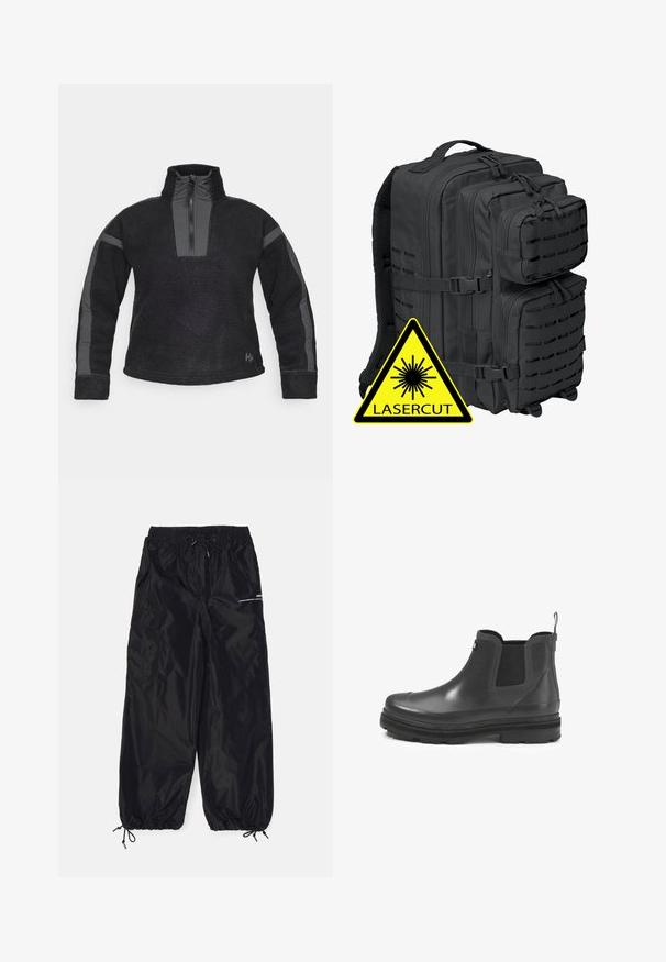 Pull en polaire noire avec un col haut, fermeture éclair quart et des panneaux gris en accent sur les manches. Texture douce avec une coupe décontractée.; Pantalons cargo noirs en nylon brillant avec une taille élastique, cordon de serrage réglable, poches latérales et poignets élastiques.; Bottines Chelsea en caoutchouc noir avec panneaux latéraux élastiques, semelle épaisse, bout arrondi et tirant à l'arrière. Texture lisse avec finition mate.; Sac à dos tactique noir avec plusieurs compartiments, dos en mesh rembourré et accents découpés au laser ; comprend des zippers renforcés et des bretelles ajustables.
