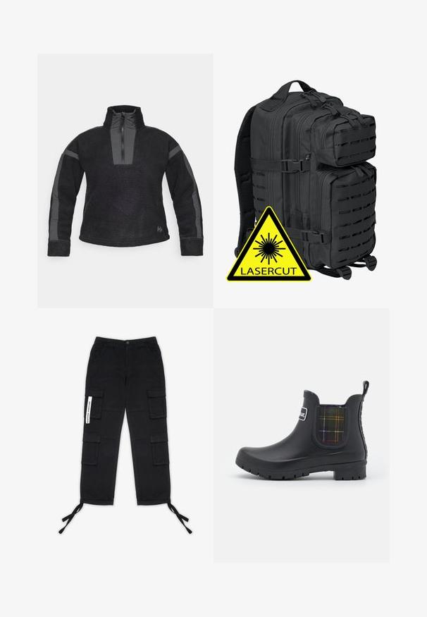 Pull en polaire noire avec un col haut, fermeture éclair quart et des panneaux gris en accent sur les manches. Texture douce avec une coupe décontractée.; Pegador TANAMI WIDE PANTS - Pantalon cargo - black; Barbour KINGHAM - Bottes en caoutchouc - black; Brandit BIG COOPER - Sac à dos - black