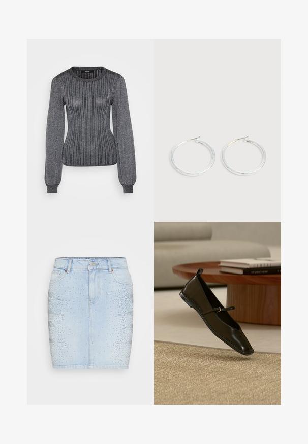 Vero Moda Tall VMTALIA O NECK - Svetrík - black/silver-coloured; Svetlomodrá denim sukňa s priliehavým strihom, stredne vysokým pásom a zdobená striebornými nitmi v gradientovom vzore na jednej strane.; Čierna kožená topánka Mary Jane s plochou podrážkou vznášajúca sa nad béžovým tkaným kobercom s dreveným okrúhlym stolíkom a naskladanými knihami v pozadí.; Pár lesklých strieborných kruhových náušníc s tenkými drôtenými zapínaniami, zobrazených na svetlo šedom pozadí.