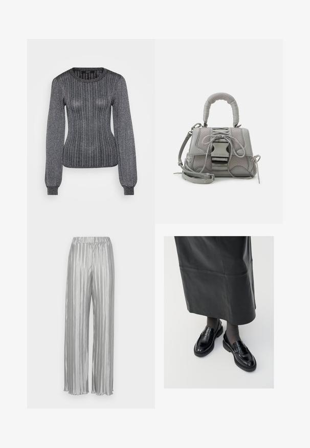 Vero Moda Tall VMTALIA O NECK - Svetrík - black/silver-coloured; Strieborné plisované nohavice s elastickým pásom, širokými nohavicami a hladkým metalickým povrchom. Vertikálne pruhy zvyšujú vizuálnu príťažlivosť.; Čierne kožené poltopánky s hladkým povrchom, s dekoratívnym pásikom, okrúhlou špičkou a textúrovanou podrážkou. Nosené s dlhou čiernou koženou sukňou.; Sivá textúrovaná kabelka s polstrovanou rukoväťou, sieťovými akcentmi, nastaviteľným remienkom a predným uzávierom. Kompaktný dizajn s guľatým tvarom.