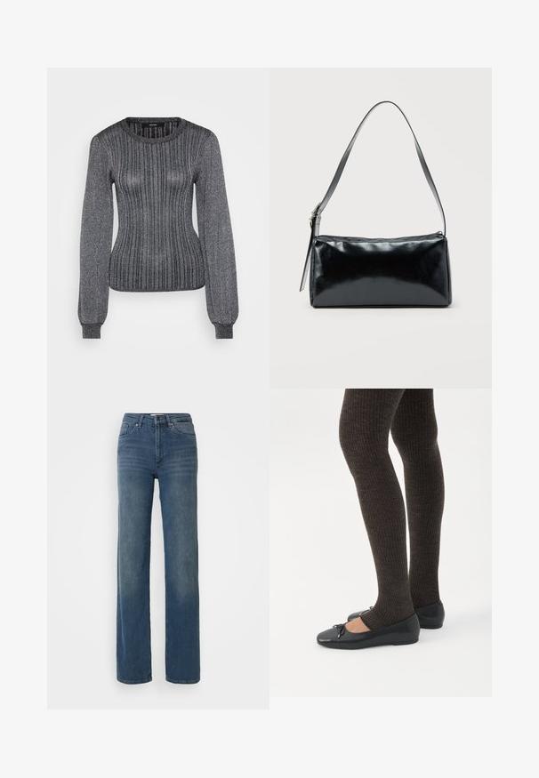 Vero Moda Tall VMTALIA O NECK - Svetrík - black/silver-coloured; Modré vysoké džínsy so rovnými nohavicami, prednými vreckami, pútkami na opasok, gombíkom a zipsovým zapínaním. S jemným vyblednutím na stehnách.; Nohy v tmavých pásikavých legínach v kombinácii s čiernymi balerínkami s malými mašličkami na bielom pozadí.; Čierna obdĺžniková kabelka na rameno s jedným nastaviteľným remienkom a horným zipsom na jednofarebnom pozadí.