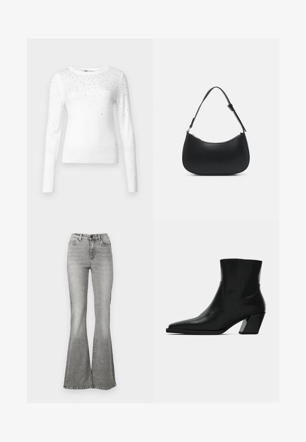 ONLY Knitted ONLSOLITA Knitted - Trui - cloud dancer; Grijze flared jeans van denim, met een hoge taille, voorkezen en een vervagingseffect. De zoom is iets breder, waardoor een flared vorm ontstaat.; Zwarte leren enkelboot met een spitse neus, een slanke silhoeet en een chunky vierkante hak. Gladde textuur met minimale stikdetails.; Pieces PCALUANA SHOULDER BAG - Handtas - black