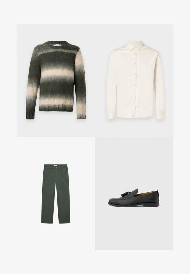 Suéter a rayas verde y crema con un acabado texturizado y suave. Presenta un cuello redondo y mangas largas; el patrón ombré transiciona de oscuro a claro.; Camisa de botón de manga larga en un color blanco roto para hombre, con cuello puntiagudo y un sutil logotipo bordado en el lado izquierdo del pecho.; Pantalones de algodón verde oscuro con un diseño de pierna recta, bolsillos frontales y cierre de botón en la cintura. Textura suave, sin patrones.; Mocasín negro de cuero para hombre con borlas, punta redonda, tacón bajo y pestaña para tirar en la parte trasera, mostrado de perfil lateral sobre un fondo gris claro.