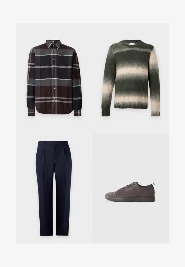 Gestreifter Pullover in Grün und Creme mit einer strukturierten, flauschigen Oberfläche. Verfügt über einen Rundhalsausschnitt und lange Ärmel; das Ombre-Muster verläuft von dunkel nach hell.; Barbour ICELOCH TAILORED TARTAN - Hemd - midnight oak; Marineblaue, maßgeschneiderte Hose aus strukturiertem Stoff, mit geradem Schnitt, Vorderfalten und einem klassischen Bund mit Gürtelschlaufen.; Dunkelgraue Sneaker mit einer strukturierten Veloursleder-Oberfläche, Gummisohle und kontrastierendem, glattem Zehenschutz. Schnürsenkel in passender Farbe, dezente Markenkennzeichnung.