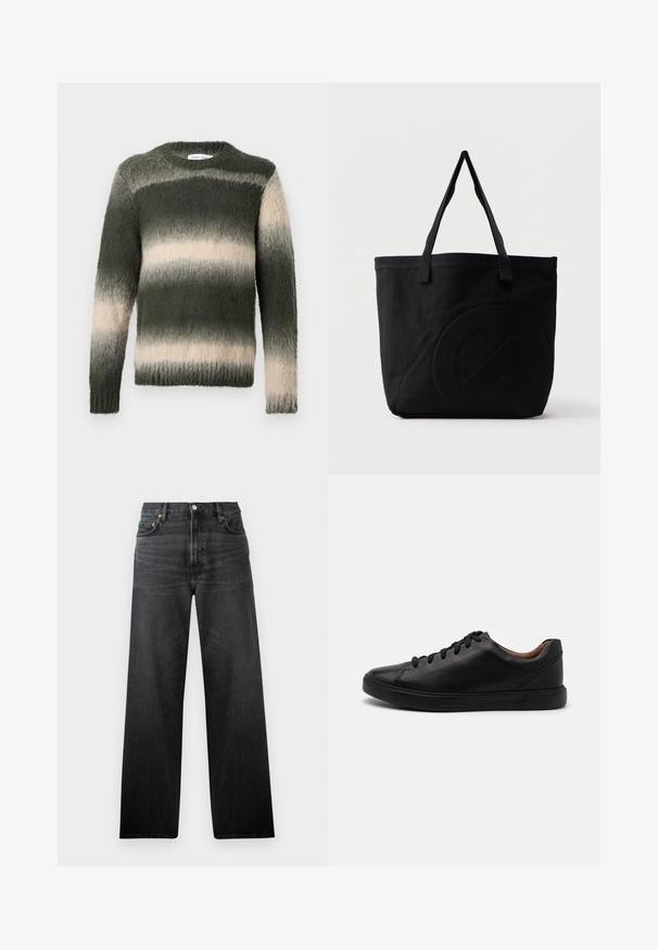 Suéter a rayas verde y crema con un acabado texturizado y suave. Presenta un cuello redondo y mangas largas; el patrón ombré transiciona de oscuro a claro.; Jeans de mezclilla negros con un diseño de pierna recta, que cuentan con cinco bolsillos y un cierre de botón. La tela tiene un ligero brillo y una textura visible.; Zapatillas de cuero negro con un acabado suave, punta redondeada y cierre de cordones de seis ojales; cuenta con una suela de goma negra para mayor agarre.; Bolsa tote de lona negra con dos correas para el hombro y un diseño circular en relieve sutil en el frente.