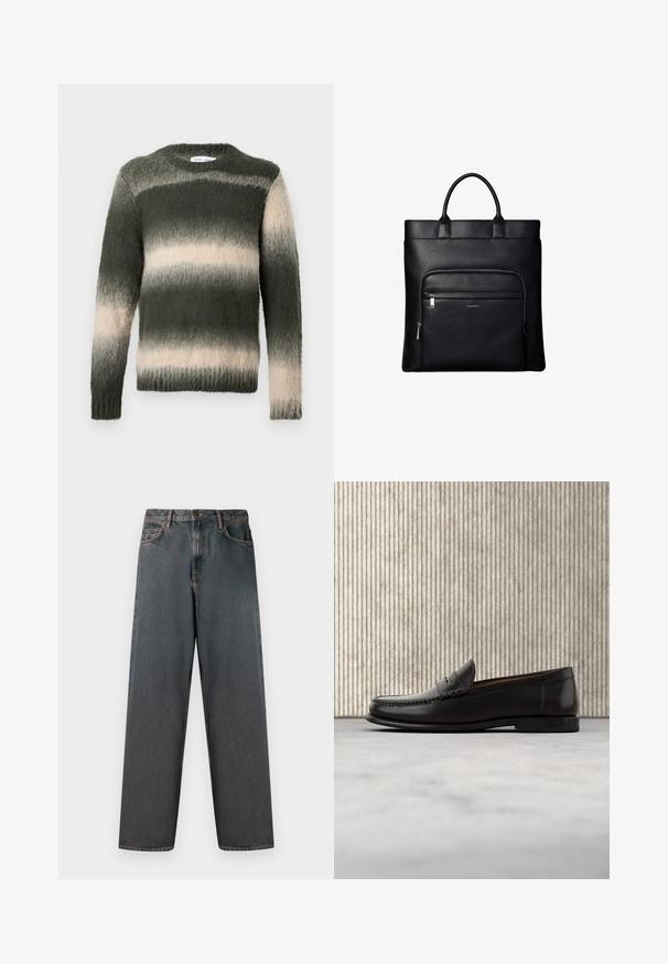 Grøn og creme stribet sweater med en struktureret, fuzzy finish. Har en rund hals og lange ærmer; ombre-mønsteret skifter fra mørk til lys.; Mørkegrå denimjeans med lige ben, fem lommer og en knap- og lynlås-lukning. Stofmet har diskret falming og syninger.; Sort læder penny loafer med lav hæl, rundet tå og syningsdetaljer langs fronten og siderne, vist på neutral baggrund.; Sort læder tote taske med top håndtag og en front lynlåslomme med et lille Calvin Klein-logo på lommen.