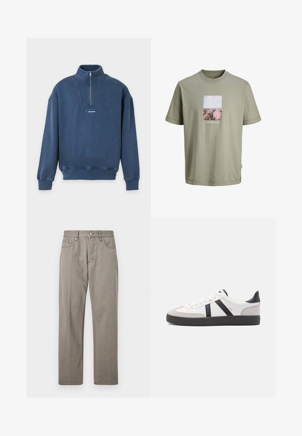 Tummansininen pitkähihainen pusero, jossa puolivetoketjullinen kaulus ja pieni Hollisterin logo etuosan keskellä.; Vaalean oliivinvihreä lyhythihainen t-paita, jossa on suorakulmainen tulostus, jossa on vaaleanpunaisia kiviä ja taivas keskellä rinnalla, ja pieni valkoinen teksti tulosteen alla.; Harmaa deniimitkäiset housut suoranlahkeisella leikkauksella, jossa on nappisulku, etupockets ja hienovaraisia ompeluyksityiskohtia. Ei kuvioita tai kulutuksia.; Valkoiset lenkkarit mustilla ja harmailla yksityiskohdilla, joissa on teksturoitu harmaa kärki, musta kumipohja ja litteät valkoiset nauhat. Siisti muotoilu, minimalistinen tyyli.