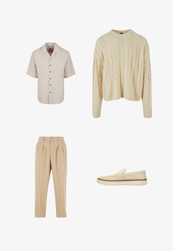 Pull en tricot couleur crème avec un motif en torsade, col rond, et poignets et ourlet côtelés. Fabriqué en tissu doux et texturé.; Chemise beige à manches courtes texturée avec boutons noirs et poche poitrine, avec un large col.; Pantalons plissés beige avec une coupe droite, fabriqués en tissu lisse, dotés d'une fermeture à bouton et de passants de ceinture à la taille.; Mocassin beige à enfiler avec tige en daim, détails cousus et semelle en caoutchouc blanche avec bordure marron clair.