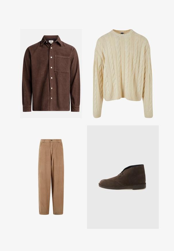 Pull en tricot couleur crème avec un motif en torsade, col rond, et poignets et ourlet côtelés. Fabriqué en tissu doux et texturé.; Chemise en velours côtelé marron avec un col boutonné, poche avant, boutons blancs et manches longues avec des poignets boutonnés. Détail de tissu texturé.; Pantalon en velours côtelé à jambes larges de couleur marron clair avec poches avant, passants de ceinture et fermeture par bouton à la taille.; Botte cheville en daim marron avec deux œillets, talon bas et semelle cousue sur un fond gris clair uni.