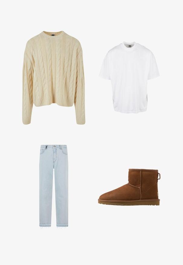 Pull en tricot couleur crème avec un motif en torsade, col rond, et poignets et ourlet côtelés. Fabriqué en tissu doux et texturé.; T-shirt en coton blanc avec une coupe décontractée, des manches courtes et un col rond, présentant un ourlet droit et sans graphiques ni motifs visibles.; Jeans en denim bleu clair avec une coupe droite, un ourlet effiloché, un design à cinq poches et un motif de délavage subtil. Dispose d'une fermeture à bouton.; Bottines en daim marron avec un bout arrondi, des accents cousus et une semelle en caoutchouc. Présente un tirette à l'arrière pour un enfilage facile.