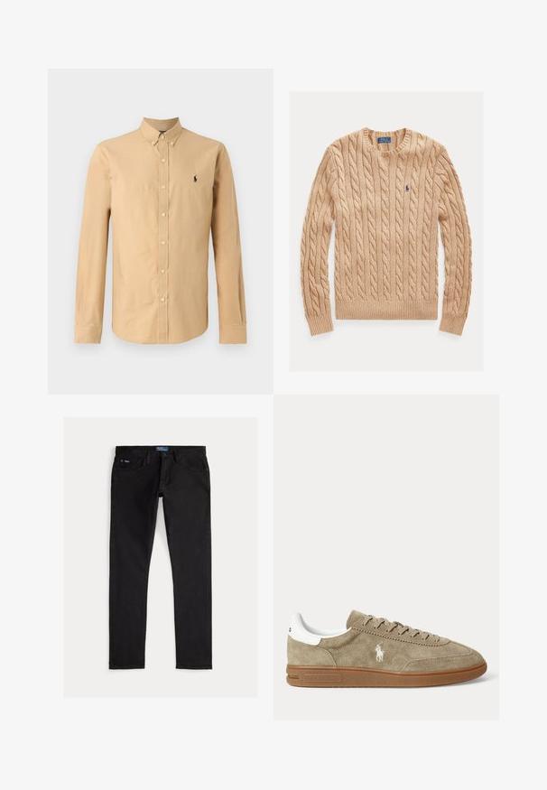 Beež kaablis kuni kaela kampsun pika varrukaga ning vasakul rinnal väike sinine Polo Ralph Laureni logo.; Kerged varrukatega nööbiga särk heleses puuvillas. Omab teravat kraed ja väikest musta logo vasakul rinnal. Sile tekstuur.; Mustad teksapüksid kitsama lõikega, millel on viis taskut, vööaugud ja sinine brändi silt vööpealsel. Sile ja vastupidav kangas.; Madala säärega beežid seemisnahast tossud pruunide tallade, valge kandade detaili, paelte ja valge poolomängija logoga tikandiga küljel.