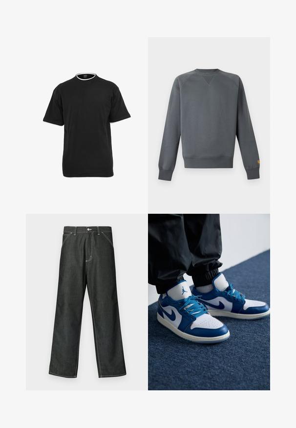 Mørkegrå crewneck sweatshirt med ribbede manchetter og kant, med en lille gul logo på venstre ærmekant.; Sort t-shirt med korte ærmer og rund hals, med hvid kant på krave og ærmekanter, vist mod en hvid baggrund.; Mørk denim bukser med vidde i benene og hvide syninger, standard design med fem lommer, lukning med metalknap og lige kanter.; Nike Air Jordan sneakers har en hvid læderbase med blå syntetiske detaljer, en perforeret tåboks og blå snørebånd.