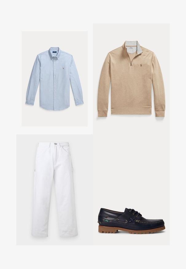 Beige quarter-zip pullover med lange ærmer, ribstrikkede manchetter og et lille broderet logo på venstre bryst.; Lyseblå langærmet skjorte med hvide lodrette striber og et lille broderet Polo Ralph Lauren-logo på brystet.; Hvide bukser med højtaljet, lige ben, bæltestropper, forlommer, knaplukning og en sidelomme til værktøj på en ensfarvet baggrund.; Mørkeblå læder bådsko med brun gummisål, hvide syninger, snørebånd og et lille grønt Polo-mærke på siden.
