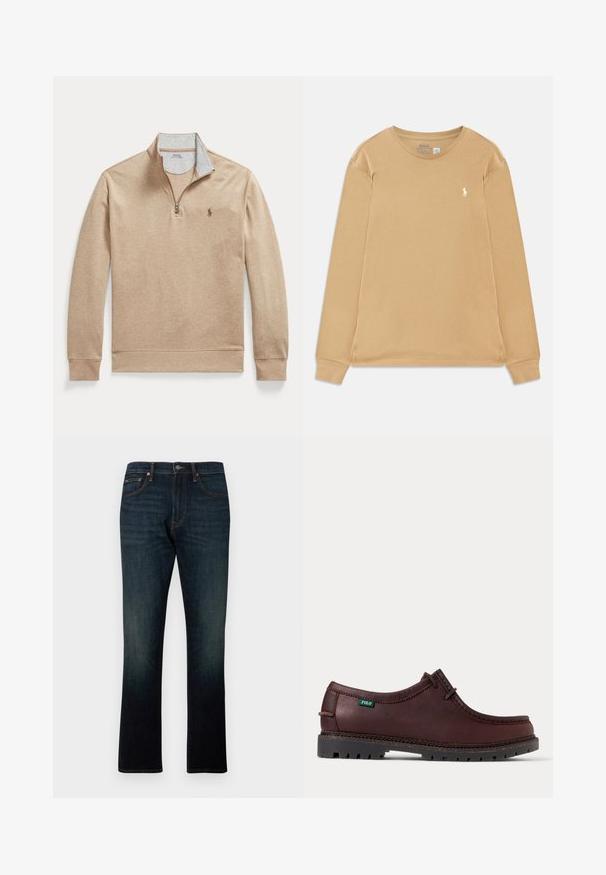 Beežist kvartsteguriga kampsun pikkade varrukate, soonikkoes varrukaservade ja väikese tikitud logoga vasakul rinnal.; Beež pika-särkmise ja umbes 1 cm laiuse valge broderiga Polo Ralph Laureni logo vasakul rinnal.; Tumesinised sirgelõikelised teksapüksid viie tasku ja oranži õmblusega, esitatud tasapinnalisena valgel taustal.; Tumepruun nahast mokasiinstiilis jalanõu musta tugevdatud tallaga ja rohelise Polo logoga sildiga küljes, näidatud külgvaates.