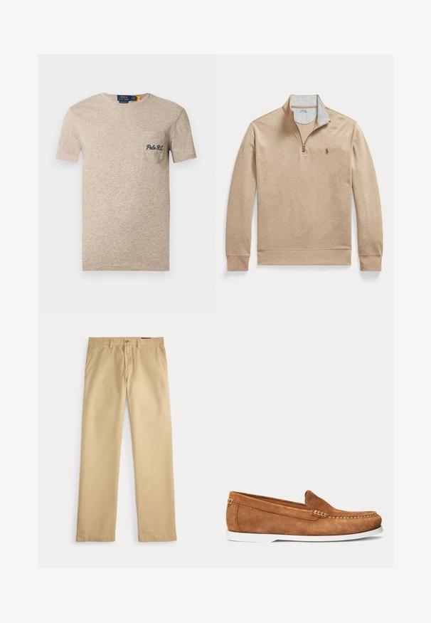 Beige quarter-zip pullover with long sleeves, ribbed cuffs, and a small embroidered logo on the left chest.; Beige cotton t-shirt with a crew neck, short sleeves, and a left chest pocket featuring embroidered "Polo RL" in navy blue.; Beige straight-leg pants with belt loops, side pockets, and a buttoned waistband on a white background.; Brown suede loafer with white sole and beige stitching along the toe and upper edge shown in side view on a plain background.