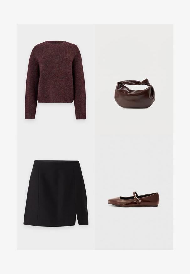 Suéter de punto burdeos con cuello redondo, mangas largas y dobladillo acanalado. Textura suave con variaciones sutiles de color para mayor profundidad.; Mini falda negra hecha de una tela suave, con una cintura ajustada y una abertura frontal que añade un toque moderno a su diseño sencillo.; Bailarina de charol marrón con punta cuadrada y tira que presenta una pequeña hebilla dorada. Textura suave, tacón bajo y diseño minimalista.; Bolso de hombro de cuero marrón oscuro con una forma suave y caída, y un asa con nudo torcido sobre un fondo blanco liso.