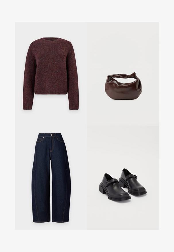 Bordeaux gebreide trui met een ronde hals, lange mouwen en geribbelde zoom. Zachte textuur met subtiele kleurvariaties voor extra diepte.; Brede donkerblauwe denim broek met contrasterende oranje stiksels, vijf zakken en een knoop- en ritssluiting aan de taille.; Zwarte leren schoenen met een ronde neus, platte zool en een band met een gespdetail. Stevige blokhak voor extra stabiliteit.; Donkerbruine leren schoudertas met een zachte, slungelige vorm en een gedraaide knoopvormige handgreep op een effen witte achtergrond.