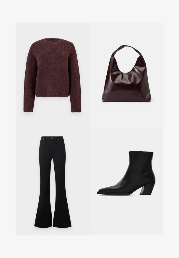 Bordeaux gebreide trui met een ronde hals, lange mouwen en geribbelde zoom. Zachte textuur met subtiele kleurvariaties voor extra diepte.; Zwarte high-waist flare jeans met knoopsluiting aan de voorkant en zakken, getoond op een witte achtergrond.; Zwarte leren enkelboot met een spitse neus, een slanke silhoeet en een chunky vierkante hak. Gladde textuur met minimale stikdetails.; Bordeaux, glanzende vegan leren totebag met een zachte, sculpturale vorm en een brede, gebogen handgreep voor makkelijk dragen.