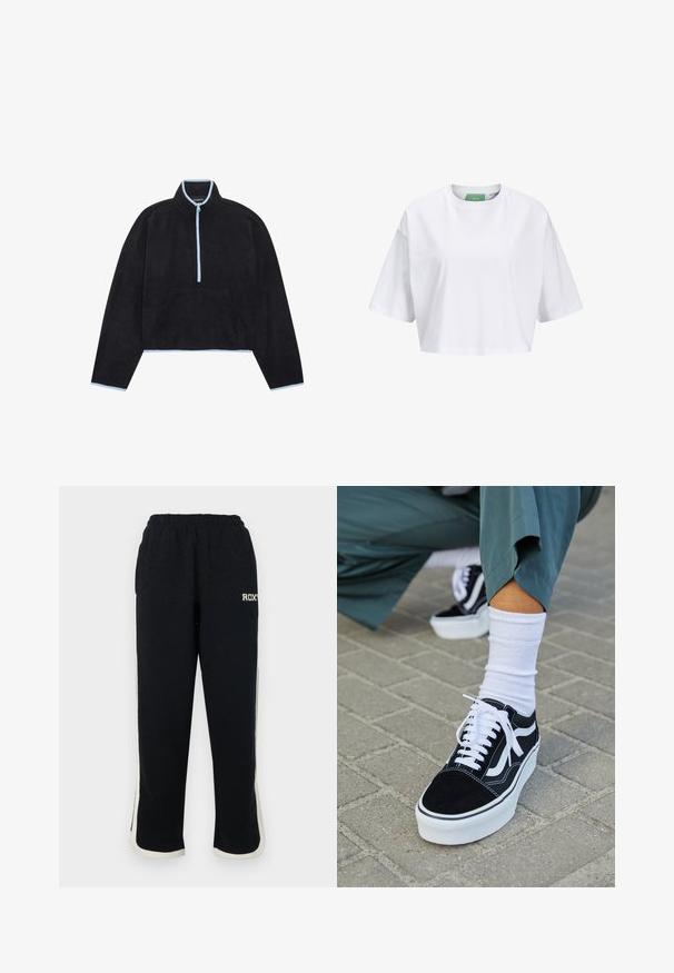 Mustakangas pullover mustas, kontrastse helesinise tõmblukuga ja kraega. Omab pooltõmblukuga esit ja eesmist kangaroo taskut.; Valge lühikeste varrukatega puuvillane crop-t-särk, ümarate kaelustega. Sees roheline silt, millel on nähtav kaubamärk.; Mustad mustad püksid elastse vöökohtaga, valged külgtriibud ja väike logo esiosas. Valmistatud pehmest, tekstureeritud kangast.; Mustjad sametist tennisjalanõud valgete aktsentide ja nööridega, millel on paks valge tald ja kontrastsed õmblused, koos valge sokiga.