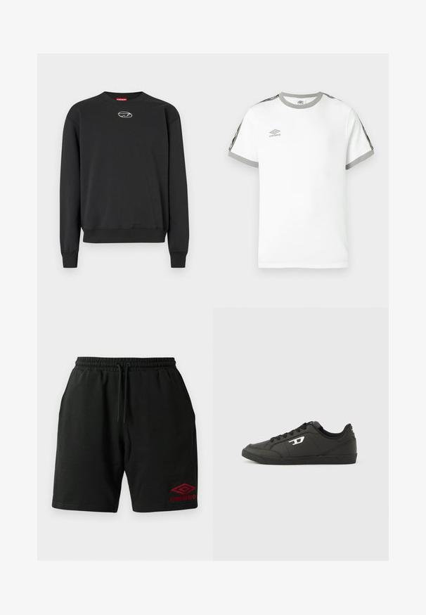 Sort sweatshirt lavet af blødt stof, med rund hals, lange ærmer, ribbekantede manchetter og et lille logo i midten. Simpelt design.; Hvid T-shirt med korte ærmer, grå krave og manchetter, sorte og grå striber på ærmerne, samt Umbro-logo på brystet.; Sorte shorts med snøre og sidelommer, samt rød Umbro-logo broderet på det nederste venstre ben.; Sorte syntetiske sneakers med en struktureret sort sål, rund tå og flade sorte snørebånd. Fremtrædende hvidt logo på ydersiden.