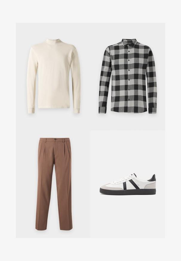 Langærmet creme turtleneck skjorte lavet af blødt bomuldsstof, med et tætsiddende design og ribbet halsudskæring med lige skårne kanter.; Sort og grå plaid langærmet skjorte med knaplukning foran. Har en krave og sorte knapper. Fremstillet af et blødt, tekstureret stof.; Brune plisserede bukser med lige ben-design, der har en enkelt knaplukning og en glat, struktureret stof.; Hvide sneakers med sorte og grå detaljer, med en tekstureret grå tåhætte, sort gummisål og flade hvide snørebånd. Rent design, minimalistisk stil.