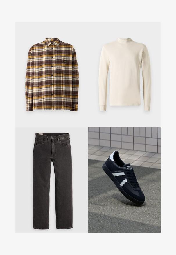 Langærmet creme turtleneck skjorte lavet af blødt bomuldsstof, med et tætsiddende design og ribbet halsudskæring med lige skårne kanter.; Brun, gul og hvid ternet skjorte med knapper, lavet af stof; har krave, lange ærmer, og frontknapper. Lille logo mærke på brystet.; Sorte denim jeans med lige ben, fem lommer og metalbeslag. Stoffet har en let struktur og en ensfarvet finish.; Sort lædersneaker med hvide striber, tekstureret gummisål og snørrebånd foran. Har et brandet mærke på tungen.