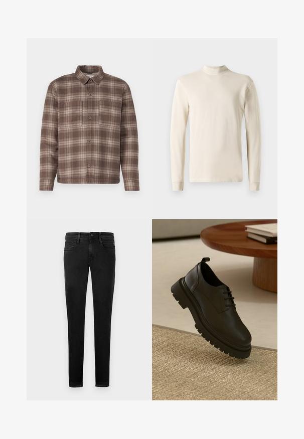 Langärmliges, cremefarbenes Turtleneck-Shirt aus weichem Baumwollstoff, mit taillierter Passform und geripptem Halsauschnitt sowie geraden Schnittkanten.; Braun karierte Hemd mit spitzem Kragen, zwei Brusttaschen und Knopfschluss, aus einem weichen, strukturierten Stoff gefertigt.; Schwarze Denim-Jeans, Slim-Fit, Fünf-Taschen-Design, sichtbare Nähte, Frontknopfverschluss und minimalistisches Branding-Detail an der Hintertasche.; Schwarzer Lederschuh mit strukturierten Oberflächen, runder Zehenpartie, Schnürdesign und einer stabilen schwarzen Gummisohle. Schwebt über einem gewebten Teppich.