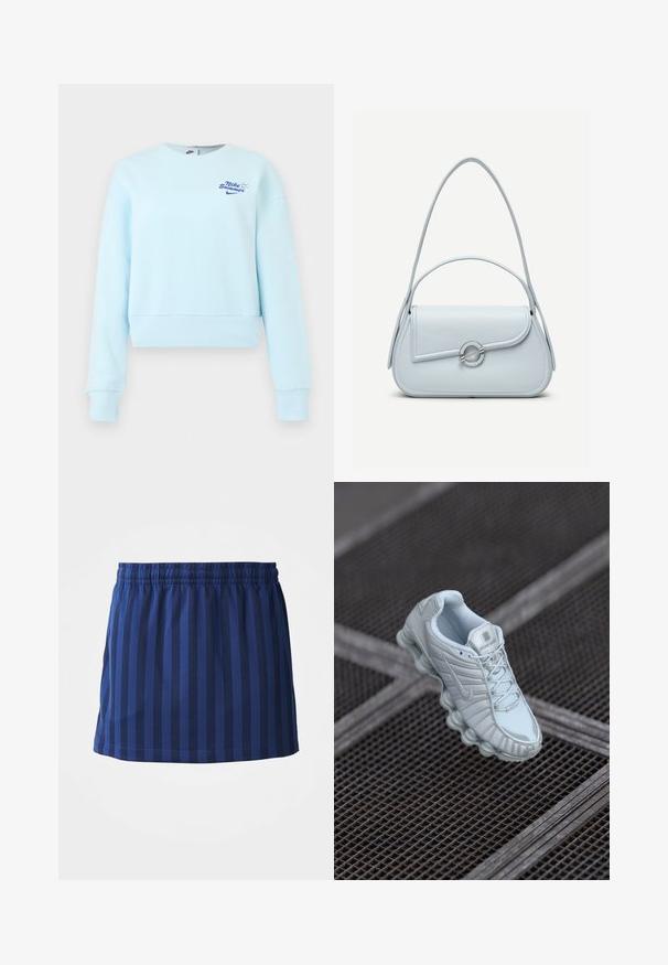Sweat-shirt court à manches longues bleu clair avec poignets et ourlet côtelés, arborant un petit texte "Nike Summer" et un logo sur la poitrine.; Jupe bleu marine avec des rayures verticales, taille élastique, longueur mi-cuisse, fabriquée en tissu léger, texture lisse.; Baskets de sport bleu clair avec une tige texturée, présentant une semelle arrondie avec des éléments cylindriques et un logo proéminent sur la languette.; Sac à main en cuir bleu clair avec rabat arrondi, fermoir circulaire argenté et deux bretelles d'épaule sur un fond uni.