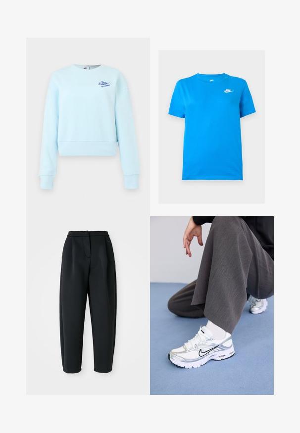 Lyseblå cropped sweatshirt med lange ærmer, ribstrikkede manchetter og kant, med lille "Nike Summer" tekst og logo på brystet.; Blå kortærmet Nike T-shirt med rund hals og hvidt Nike-logo på øverste venstre bryst mod en ensfarvet baggrund.; Sorte bukser lavet af et glat stof, med en skræddersyet talje, plisseret front og tætsiddende ben med opsmøgede kanter.; Hvide og sølv atletik sko med meshej og syntetiske materialer, der har sorte accentlinjer, snørebånd og strukturerede såler.