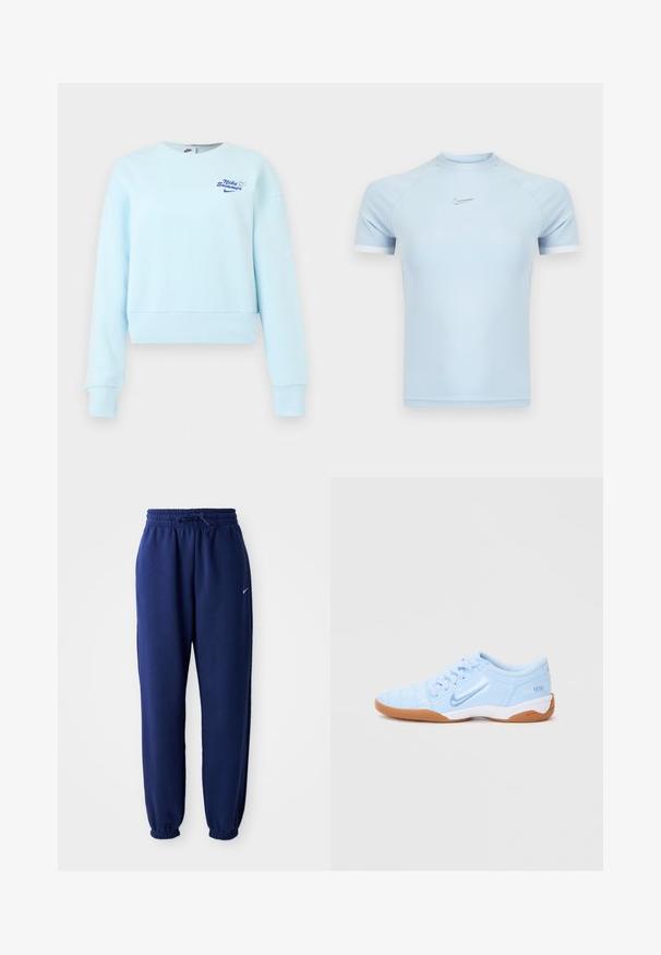 Svetlomodrá krátka mikina s dlhými rukávmi so žebrovanými manžetami a lemom, s malým nápisom "Nike Summer" a logom na hrudi.; Svetlomodrý atletický top s krátkym rukávom vyrobený z hladkej látky. Má okrúhly výstrih a nenápadné logo Nike na hrudi s bielymi akcentmi.; Námornícke modré tepláky vyrobené z jemného materiálu s elastickým pásom na šnúrku, elastickými manžetami a malým bielym logom.; Svetlomodrá športová obuv s hladkým syntetickým zvrškom, textúrovanými akcentmi a gumovou podrážkou. Obsahuje logo na boku.