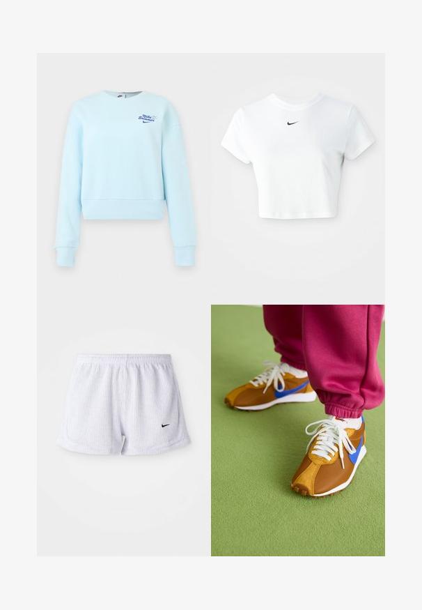 Hele sinine pikkade varrukatega lühendatud dressipluus soonikkoes varrukaotste ja äärega, mille rinnal on väike "Nike Summer" tekst ja logo.; Valge lühikeste varrukatega puuvillane lühike t-särk ümarate kaelustega, millel on rinna peal must Nike logo.; Valged, ribakujulised spordilühikesed püksid elastse vöökohtaga ja väike must Nike Logo alumises vasakus nurgas. Lihtne, minimalistlik disain.; Pruunid ja sinised spordijalatsid, mis on valmistatud võrgust ja nahast, valgete paeltega ning tekstuurse pruuni tallaga, paigutatud rohelisele põrandale.