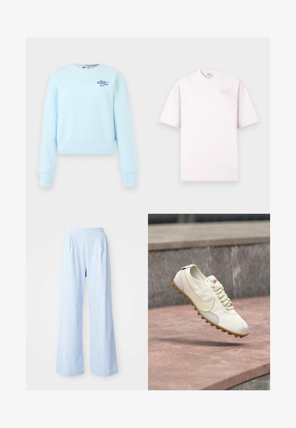Sudadera corta de manga larga azul claro con puños y dobladillo acanalados, con pequeño texto y logo "Nike Summer" en el pecho.; Camiseta Nike de manga corta en rosa claro con texto pequeño "Just Do It" en la parte superior izquierda del pecho y cuello redondo.; Pantalones de pierna ancha de color azul claro con una textura suave, cinturilla elástica y detalles plisados en la parte frontal. Fabricados con un tejido suave.; Zapatilla deportiva blanca y beige con cordones y suela de goma flotando sobre una superficie de piedra con un fondo de hormigón desenfocado.
