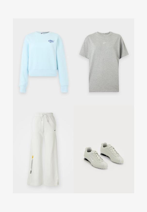 Vaaleansininen pitkähihainen lyhyt paita, jossa on resorit hihoissa ja helmassa sekä pieni "Nike Summer" -teksti ja logo rinnassa.; Harmaa lyhythihainen puuvillainen t-paita, jossa pyöreä kaulus ja pieni valkoinen Nike-swoosh -logo keskellä rintaa.; Valkoiset, leveät collegehousut, joissa on joustava vyötärö, nyöritys, sivuvetoketjut, musta Nike-logo ja kontrastivärinen keltainen grafiikkateksti.; Valkoiset Nike-tennarit, joissa on teksturoitu päällinen, sileä varvasosa ja mustat pehmustekohdat. Nyöritysstiilillä, jossa on vahvistettu kantapää.