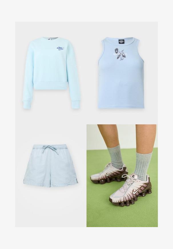 Sweat-shirt court à manches longues bleu clair avec poignets et ourlet côtelés, arborant un petit texte "Nike Summer" et un logo sur la poitrine.; Débardeur côtelé bleu clair sans manches avec motif floral noir et texte blanc "Santa Cruz" sur la poitrine.; Shorts légers de couleur bleu clair avec une taille élastique et un cordon de serrage. Dotés de poches latérales et d'une coupe décontractée, fabriqués en tissu doux.; Baskets Nike en rose clair et marron, présentant un dessus texturé, un design superposé et une semelle extérieure amortissante avec des unités d'air visibles.