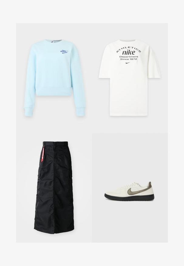 Sudadera corta de manga larga azul claro con puños y dobladillo acanalados, con pequeño texto y logo "Nike Summer" en el pecho.; Camiseta blanca de Nike con texto negro "ATHLETICS nike Department Since 1972" y un pequeño logo Nike swoosh debajo del texto.; Falda larga negra con botones y cremallera en el frente, bolsillos laterales tipo cargo y una etiqueta de tela roja "Retirar antes del vuelo" en la cinturilla.; Nike Sportswear FIELD GENERAL - Zapatillas - off-white/black