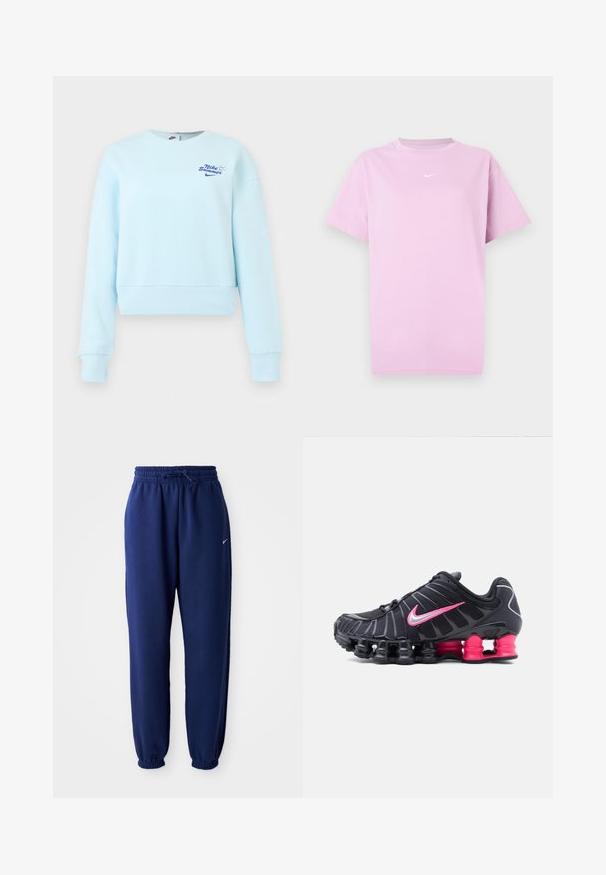 Vaaleansininen pitkähihainen lyhyt paita, jossa on resorit hihoissa ja helmassa sekä pieni "Nike Summer" -teksti ja logo rinnassa.; Vaaleanpunainen lyhythihainen Nike T-paita pyöreällä kaula-aukolla ja pieni valkoinen Nike-swoosh-logo keskitettynä rinnassa.; Tummansiniset collegehousut pehmeästä kankaasta, joissa on joustava vyötärönyöri, joustavat hihansuut ja pieni valkoinen logo.; Musta urheilukengä, jossa on jaettu jousitetty pohja, kirkkaanpinkki Nike-swoosh ja pinkit takaosan pohjan osat, nähtynä oikealta puolelta valkoisella taustalla.