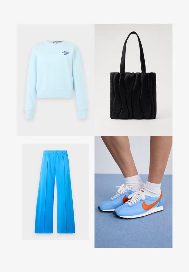 Lichtblauw cropped sweatshirt met lange mouwen en geribbelde manchetten en zoom, met kleine "Nike Summer" tekst en logo op de borst.; Felblauwe atletische wijde broek met elastische tailleband en klein wit Nike swoosh-logo op de rechterdij.; Blauwe mesh en suède sneakers met oranje accenten en witte veters. Zwarte rubberen zool. Gekocht met witte crewsokken op een blauwe ondergrond.; Zwarte schoudertas van gewatteerde stof, met een golvend textuur, twee stevige handvatten en een rechthoekige vorm. Eenvoudig, modern ontwerp.