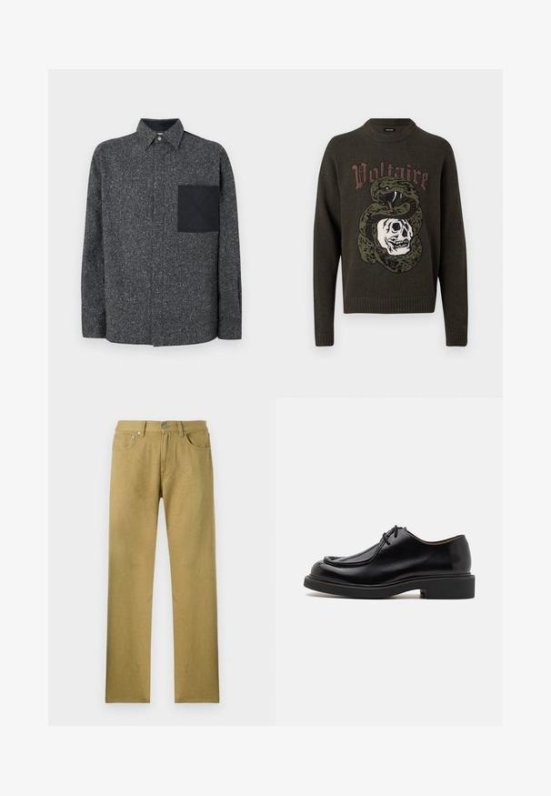 Suéter verde oscuro con un gráfico de una serpiente enrollada alrededor de una calavera y la palabra "Voltaire" encima del diseño.; Iceberg Camisa - fantasia mix di grigi; Pantalones de pierna recta en verde oliva que presentan bolsillos frontales, un cierre de botón y un sutil patrón texturizado en la tela.; Zapato de cuero negro con punta redondeada, detalles de costura, cordones mínimos y suela de goma gruesa para tracción y durabilidad.
