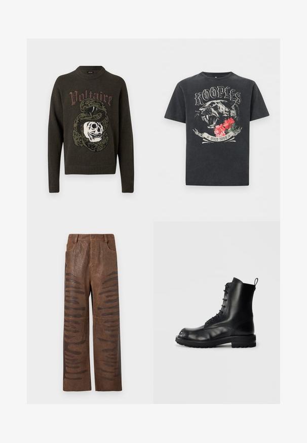 Donkergroene trui met een afbeelding van een opgerolde slang rond een schedel en het woord "Voltaire" boven het ontwerp.; Zwart T-shirt met een brullende panter, rode bloemen, en gestileerde tekst "KOOPLES" boven en "WILD TOUR" onder de afbeelding.; Bruine neplederen broek met een gestructureerde afwerking, voorzien van langwerpige horizontale uitsparingen langs de zijkanten en een rechte pijp.; Zwarte leren vetercombatlaars met dikke zool en trekhaak aan de achterkant, van de zijkant getoond op een effen lichte achtergrond.