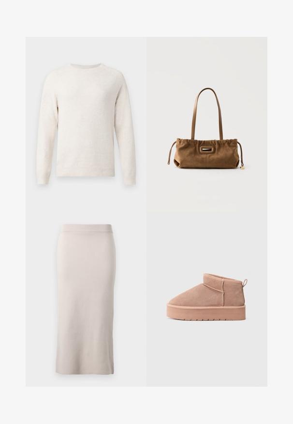 Pull col rond crème à manches longues avec poignets et bord-côtes, en tissu tricoté doux.; Jupe crayon en tricot de couleur beige clair, avec une taille côtelée, coupe ajustée et fente latérale pour faciliter le mouvement. Texture douce, design minimal.; Botte de cheville en suede beige avec une semelle épaisse, bout rond, languette au talon et des détails de couture visibles.; Sac à main en daim marron avec de longues bandoulières en cuir, un bord supérieur froncé et un petit charm doré sur une fermeture à cordon.