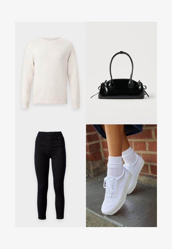 Crèmekleurige trui met lange mouwen en een ronde hals, met geribde boorden en zoom, gemaakt van zacht gebreid materiaal.; Zwarte skinny jeans met een hoge taille, gemaakt van stretchdenim. Voorzien van een sluiting met een knoop aan de voorkant en twee achterzakken. Soepele textuur.; Witte canvas sneakers met rubberen zolen, voorzien van zes vetertjes, een ronde neus en lichte stikdetails, gecombineerd met witte enkelsokken.; Kleine zwarte glanzende handtas met twee lange hengsels en zijkant trekkoord details op een effen lichte achtergrond.