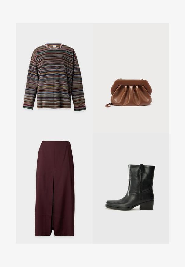 Langærmet strikket sweater med flerfarvede vandrette striber i nuancer af brun, blå, rød og grøn, med rund halsudskæring.; Mørk bordeaux lige midi nederdel med front center slids og høj talje, vist på en lys baggrund.; Sort læder ankelstøvle med rundt tå, blokhæl, lynlås i siden og stikninger på vampsiden. Glat tekstur, klassisk design.; Brun læderclutch med samlet design og struktureret topramme, der har en lille håndledsrem og detalje i guldfarvet lukning.