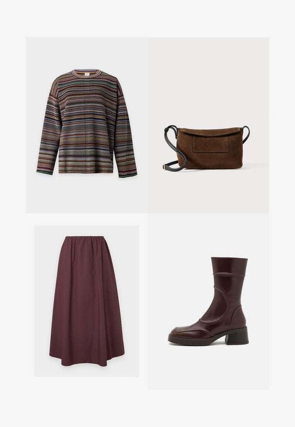 Pull tricoté à manches longues avec des rayures horizontales multicolores dans des nuances de marron, bleu, rouge et vert, avec un col rond.; Jupe longue bordeaux foncé arrivant à la cheville, avec taille élastique froncée et détail subtil de couture près de l'ourlet, présentée à plat sur un fond clair.; MIISTA MALENE - Bottines - brown; Sac bandoulière en suède marron avec fermeture à rabat, sangle en cuir noir et poche avant. Design simple avec des détails de couture.