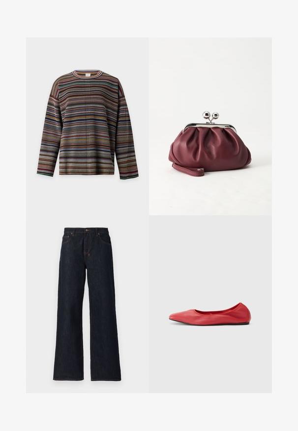 Jersey de punto de manga larga con rayas horizontales multicolores en tonos marrón, azul, rojo y verde, con cuello redondo.; Jeans de corte ancho en azul oscuro, fabricados en denim, con costuras naranjas, dos bolsillos frontales y un cierre de botón en la cintura.; Filippa K REY FLATS - Bailarinas - bright red; Pequeño bolso de mano de cuero burdeos con cierre metálico plateado y correa de muñeca sobre un fondo blanco.