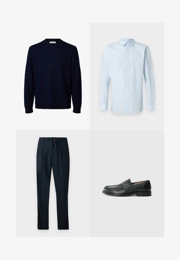 Donker marineblauwe trui met lange mouwen, ronde hals en geribde boorden en zoom, weergegeven op een witte achtergrond.; Lichtblauwe longsleeve shirt van gladde stof, met een knoopsluiting aan de voorkant, standaardkraag en knoopmanchetten.; Marineblauwe broeken van gemêleerde stof, met een elastische tailleband, rechte pijpen en twee plooien aan de voorkant voor een verzorgde uitstraling.; Zwarte leren loafers met een klassiek ontwerp, voorzien van een gestikte accen op de neus en een lage, gestructureerde rubberen zool.