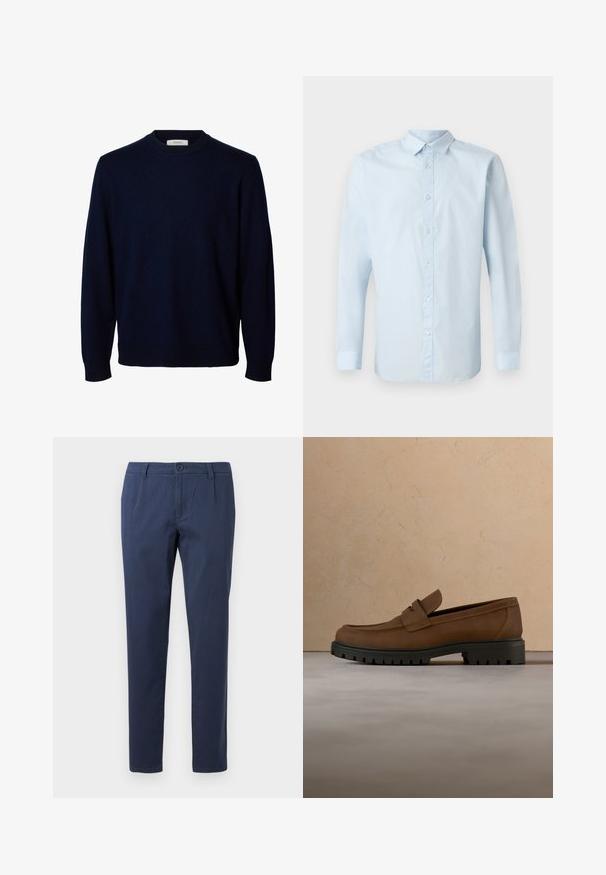 Donker marineblauwe trui met lange mouwen, ronde hals en geribde boorden en zoom, weergegeven op een witte achtergrond.; Lichtblauwe longsleeve shirt van gladde stof, met een knoopsluiting aan de voorkant, standaardkraag en knoopmanchetten.; Marineblauwe broek van lichtgewicht stof, met een frontale knoopsluiting, twee zijzakken en een recht gesneden ontwerp.; Donkerbruine leren loafer met dikke zwarte rubberen zool, getoond boven een beige tapijt en bankachtergrond.